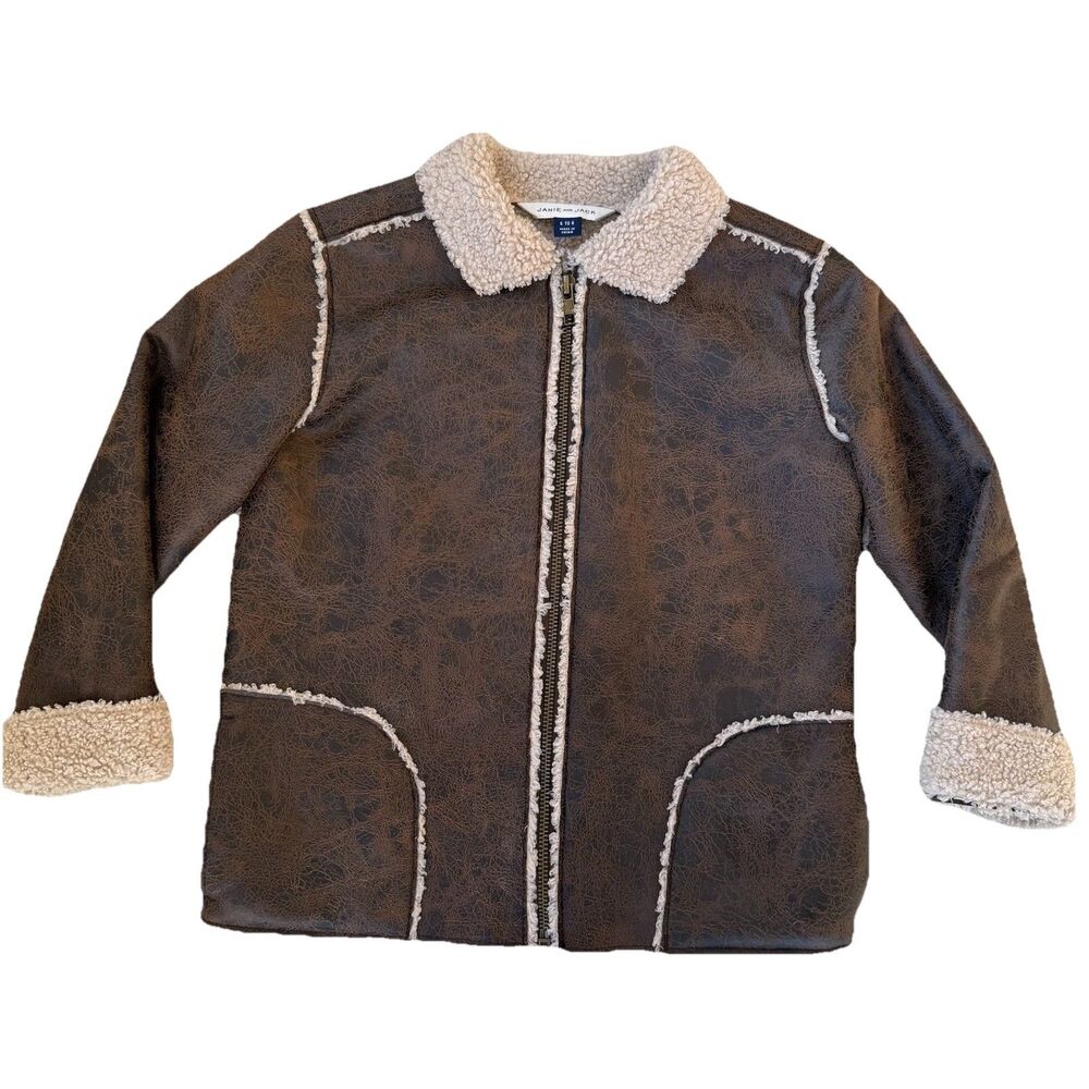 Janie & Jack Faux Leather Sherpa Jacket Boys Size 5 To 6 Brown Zip Up